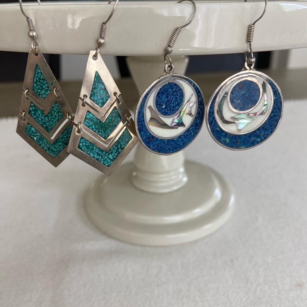 Vintage Alpaca Silver Earrings - Turqoise/Abalone/Mother of Pearl - 2 Sets